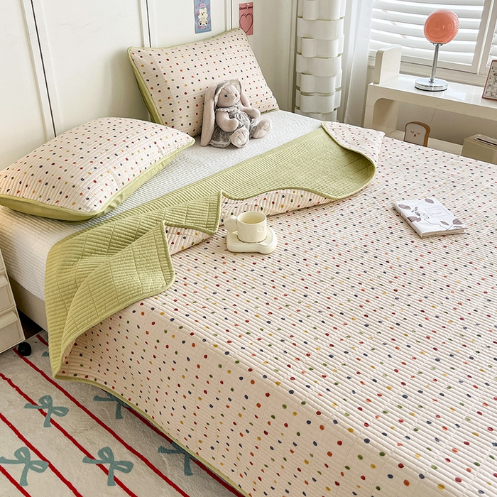 91家纺网 家纺一手货源 找家纺 沐纯家居  2025新款40支双面纯棉印花床盖三件套 波点多多