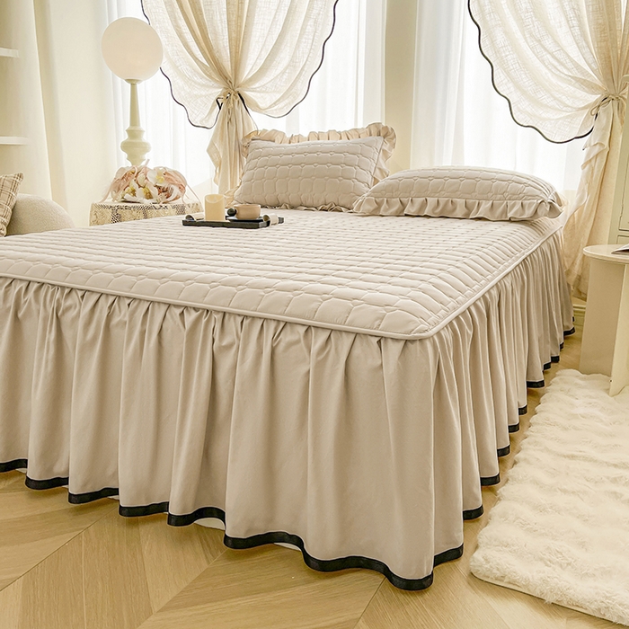 91家纺网 家纺一手货源 找家纺 笠裙家纺 2025新款防水款A类原棉水洗棉夹大豆棉加厚床裙-爱格系列 爱格-浅咖