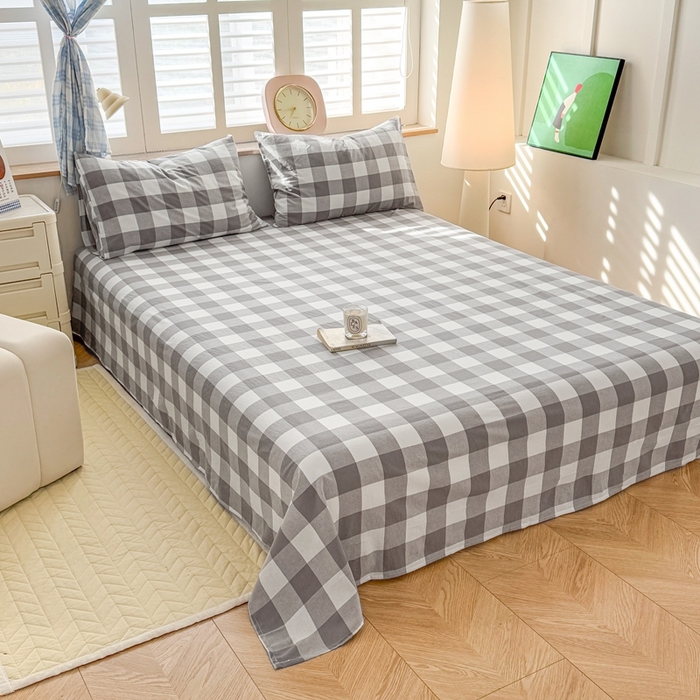 91家纺网 家纺一手货源 找家纺 温眠 2025新款A类全棉色织水洗棉床单 灰中格