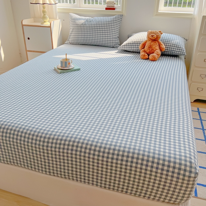 91家纺网 家纺一手货源 找家纺 韩巢家纺 2025新款A类纯色格子水洗棉床笠单件床罩床套 A类兰色格-床笠