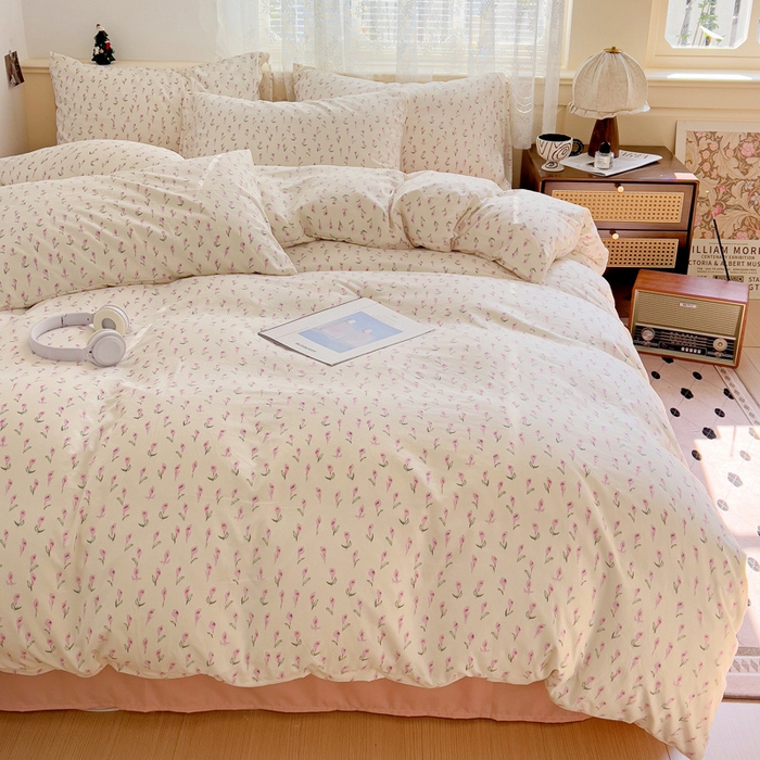 91家纺网 家纺一手货源 找家纺 夜笙2025新款A类水洗棉双层纱印花四件套 彩莲