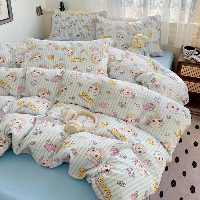 91家纺网 家纺一手货源 找家纺 夜笙2025新款A类水洗棉双层纱印花四件套 糖小佳