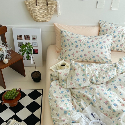 2025新款纯棉小清新四件套小碎花学生三件套纯色床单印花枕套双人床笠 花园兔兔 浅玉