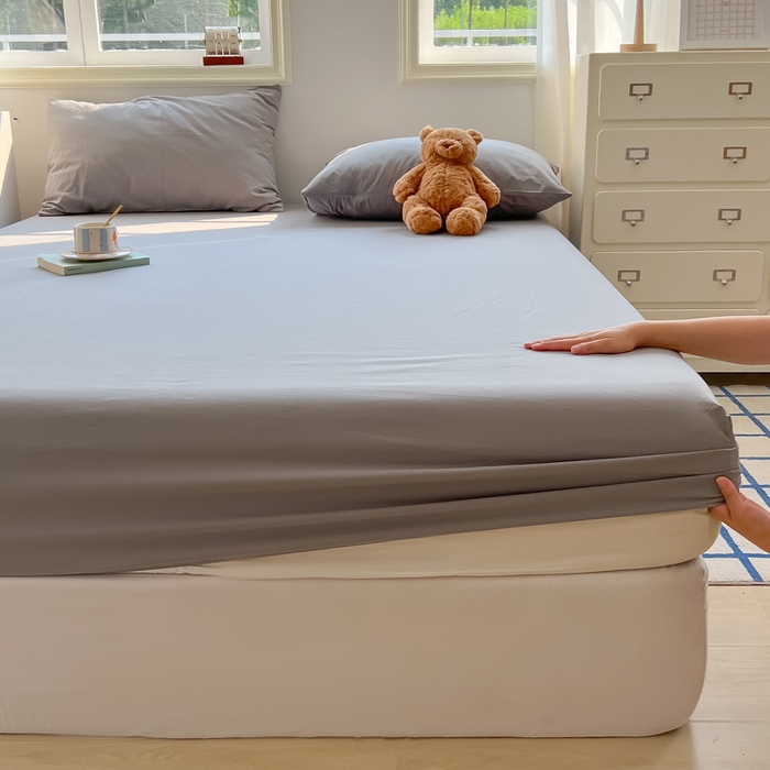 91家纺网 家纺一手货源 找家纺 韩巢家纺 2025新款A类纯色格子水洗棉床笠单件床罩床套 A类浅灰-床笠