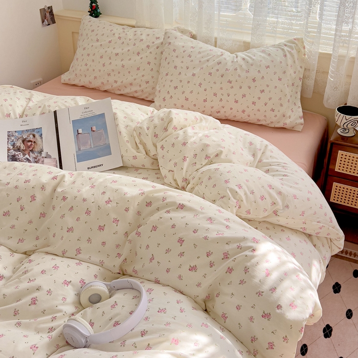 91家纺网 家纺一手货源 找家纺 夜笙2025新款A类水洗棉双层纱印花四件套 桃之夭夭