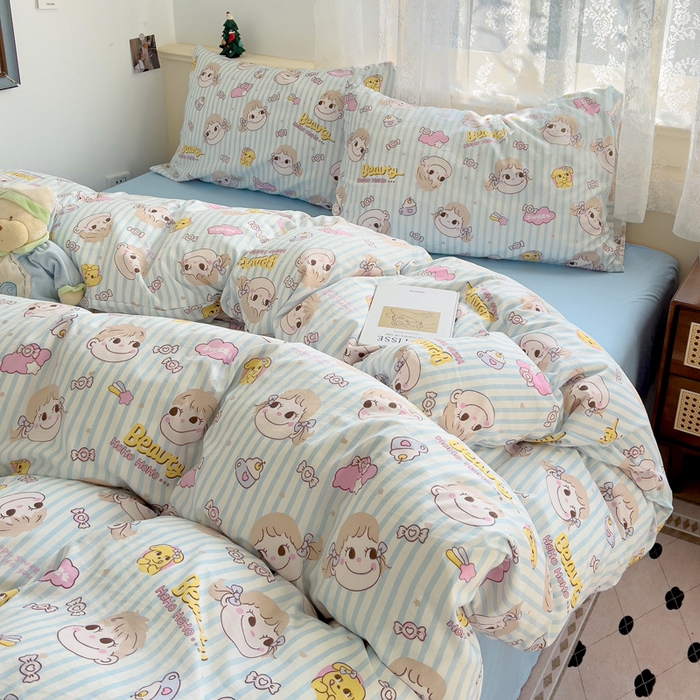 91家纺网 家纺一手货源 找家纺 夜笙2025新款A类水洗棉双层纱印花四件套 糖小佳