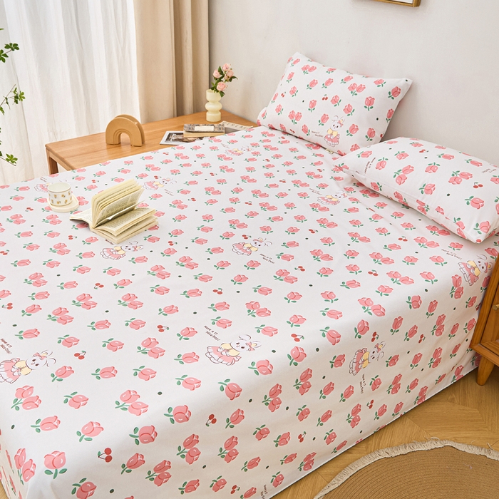 91家纺网 家纺一手货源 找家纺 首爱家纺 2025新款印花原棉标老粗布床单老粗布凉席软凉席 玫瑰小兔