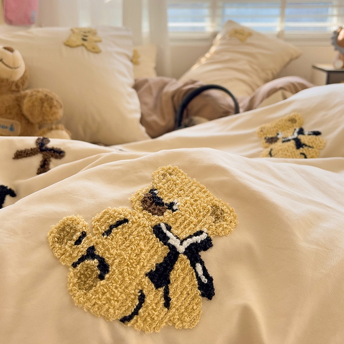 91家纺网 家纺一手货源 找家纺 暖芯优选 2025新款超柔水洗棉INS小红书毛巾绣卡通四件套（提供买家秀） 焦糖奶茶