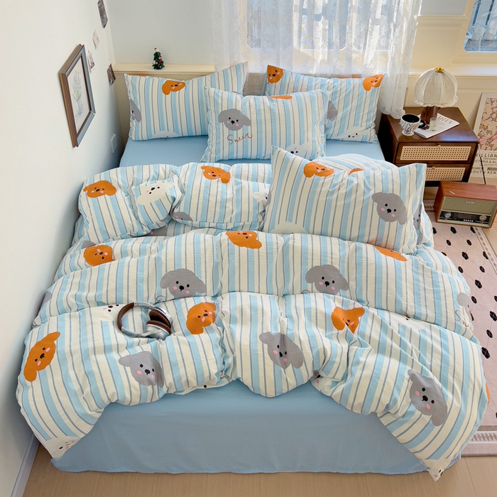 91家纺网 家纺一手货源 找家纺 夜笙2025新款A类水洗棉双层纱印花四件套 云朵小狗