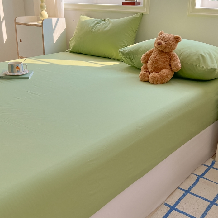 91家纺网 家纺一手货源 找家纺 韩巢家纺 2025新款A类纯色格子水洗棉床笠单件床罩床套 A类浅草绿-床笠