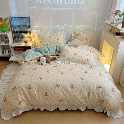 91家纺网 家纺一手货源 找家纺 桃喜 2025春夏新款全棉卡通花边13372四件套 露西花园