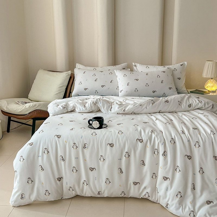 91家纺网 家纺一手货源 找家纺 2025新款针织棉双层纱四件套小碎花被套床单床笠款学生三件套新款直播热款-床图-系列一 企鹅