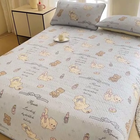 91家纺网 家纺一手货源 找家纺 2025新款13070单面全棉绗缝床盖三件套 奇趣欢乐园-蓝