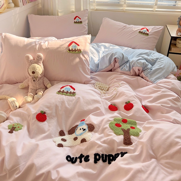 91家纺网 家纺一手货源 找家纺 暖芯优选 2025新款超柔水洗棉INS小红书毛巾绣卡通四件套（提供买家秀） 苹果狗狗