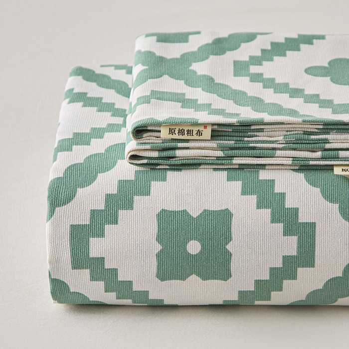 91家纺网 家纺一手货源 找家纺 首爱家纺 2025新款印花原棉标老粗布床单老粗布凉席软凉席 波澜-绿