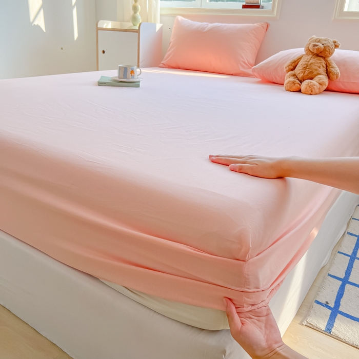 91家纺网 家纺一手货源 找家纺 韩巢家纺 2025新款A类纯色格子水洗棉床笠单件床罩床套 A类玉色-床笠