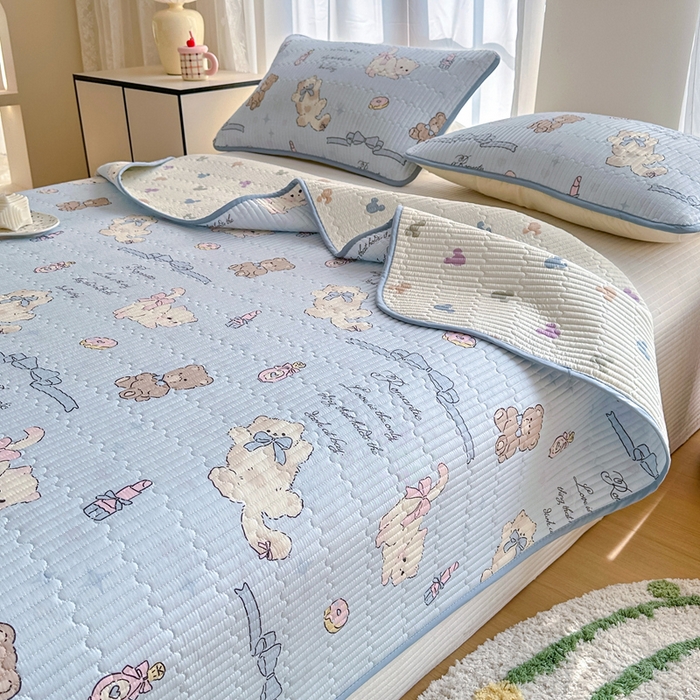 91家纺网 家纺一手货源 找家纺 2025新款13070单面全棉绗缝床盖三件套 奇趣欢乐园-蓝