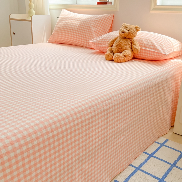 91家纺网 家纺一手货源 找家纺 韩巢家纺 2025新款格子纯色A类水洗棉床单单件 A类草莓格-床单