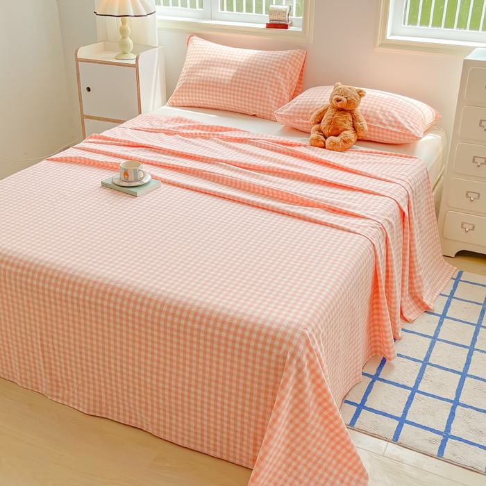 91家纺网 家纺一手货源 找家纺 韩巢家纺 2025新款格子纯色A类水洗棉床单单件 A类草莓格-床单