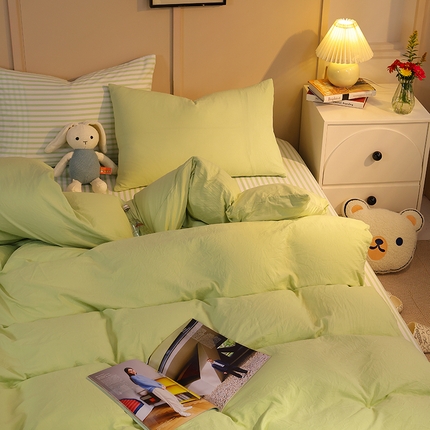 悦织湾家纺 2025新款亲肤水洗棉纯色双拼四件套轻奢时尚 双拼果绿+条纹绿