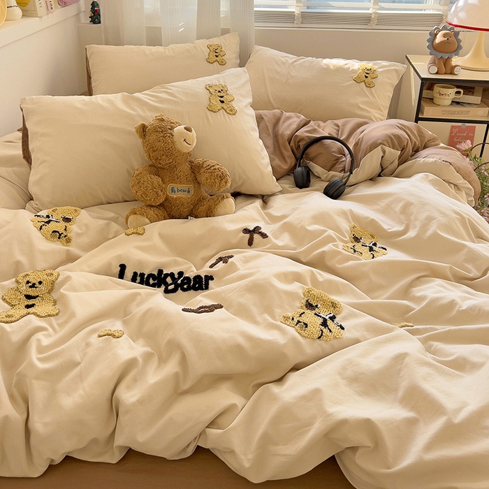 91家纺网 家纺一手货源 找家纺 暖芯优选 2025新款超柔水洗棉INS小红书毛巾绣卡通四件套（提供买家秀） 焦糖奶茶