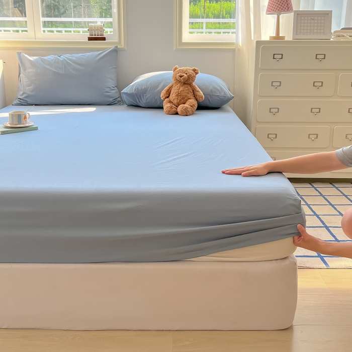 91家纺网 家纺一手货源 找家纺 韩巢家纺 2025新款A类纯色格子水洗棉床笠单件床罩床套 A类浅兰-床笠