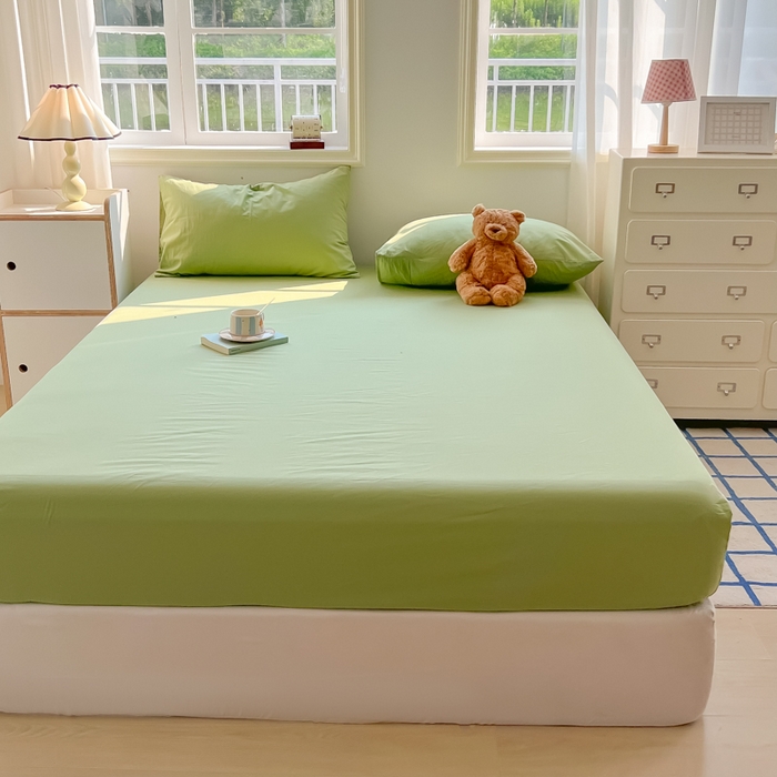 91家纺网 家纺一手货源 找家纺 韩巢家纺 2025新款A类纯色格子水洗棉床笠单件床罩床套 A类浅草绿-床笠