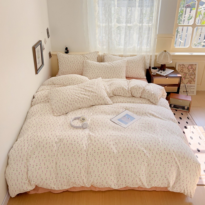 91家纺网 家纺一手货源 找家纺 夜笙2025新款A类水洗棉双层纱印花四件套 彩莲