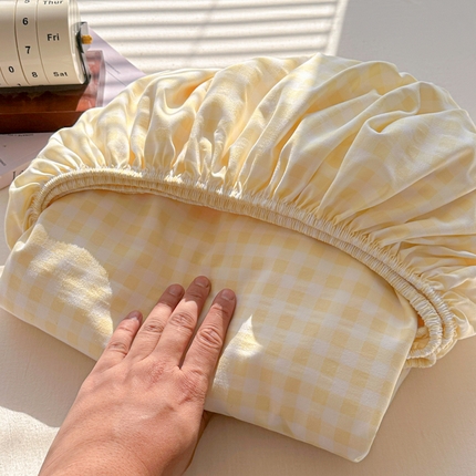 91家纺网 家纺一手货源 找家纺 韩巢家纺 2025新款A类纯色格子水洗棉床笠单件床罩床套 浅黄格