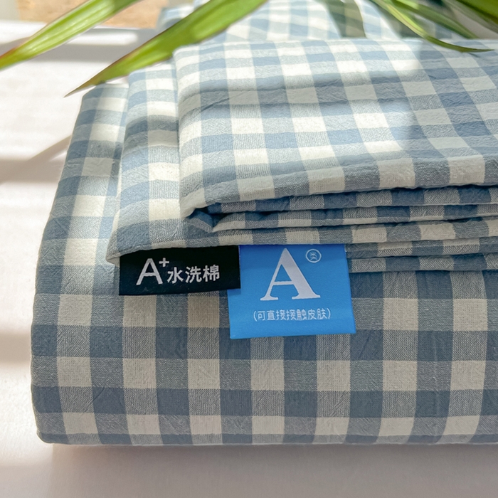 91家纺网 家纺一手货源 找家纺 韩巢家纺 2025新款格子纯色A类水洗棉床单单件 A类兰色格-床单