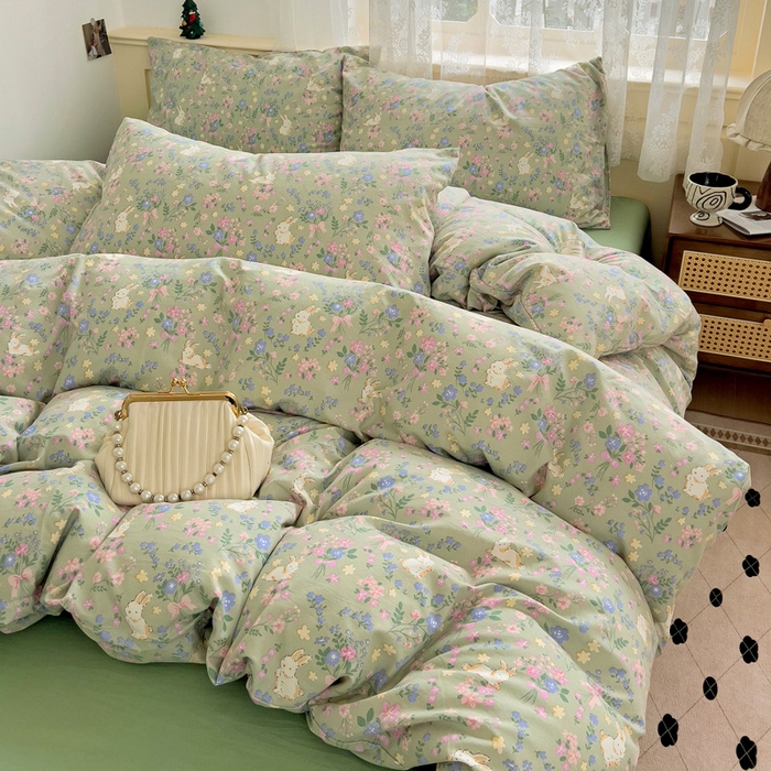 91家纺网 家纺一手货源 找家纺 夜笙2025新款A类水洗棉双层纱印花四件套 飞飞兔