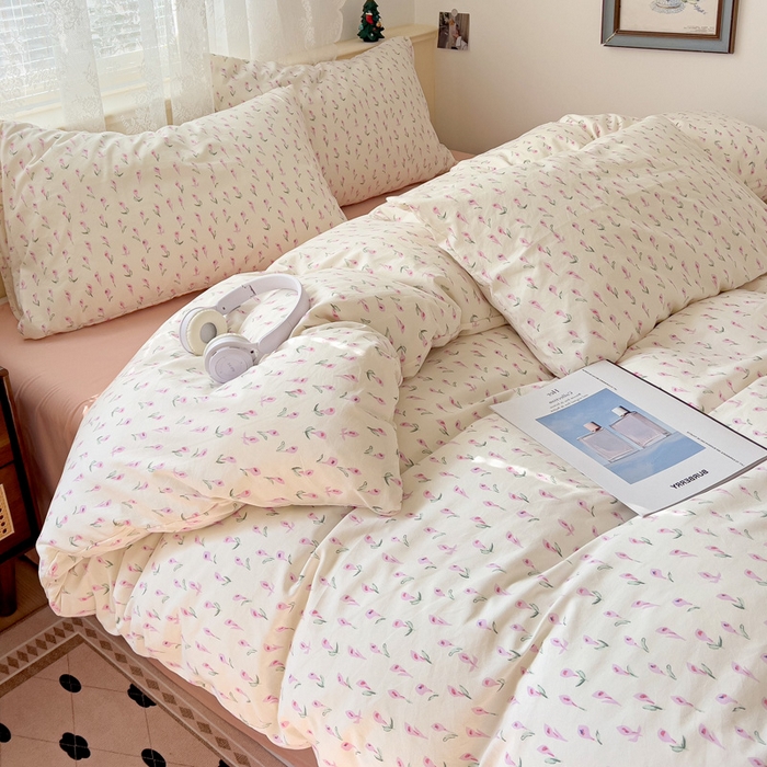 91家纺网 家纺一手货源 找家纺 夜笙2025新款A类水洗棉双层纱印花四件套 彩莲