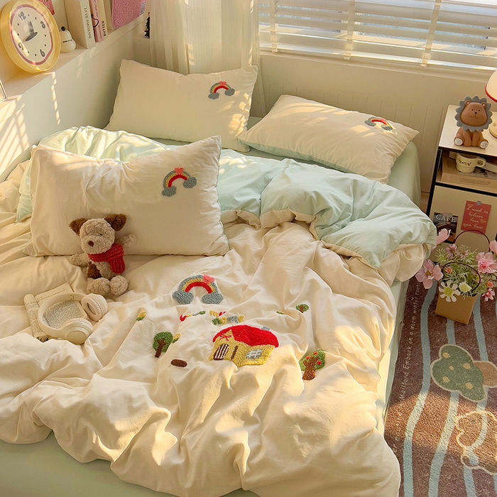 91家纺网 家纺一手货源 找家纺 暖芯优选 2025新款超柔水洗棉INS小红书毛巾绣卡通四件套（提供买家秀） 温馨家园