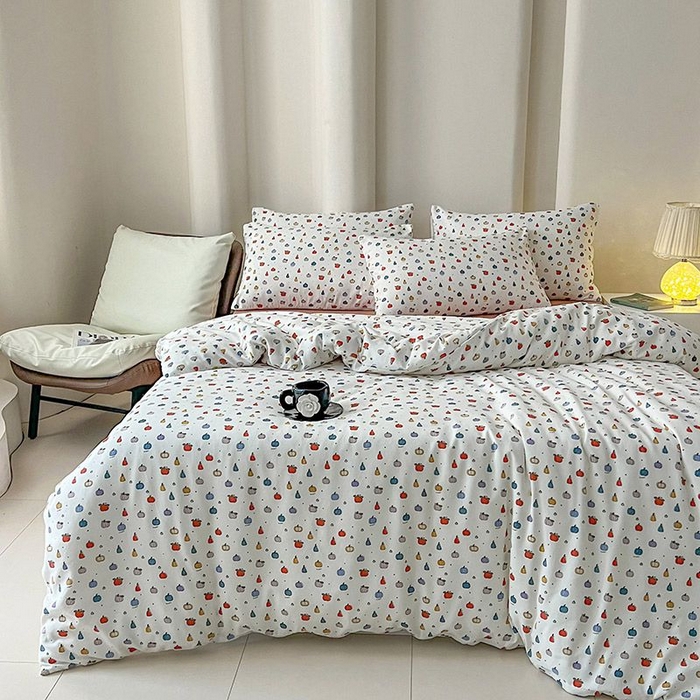 91家纺网 家纺一手货源 找家纺 2025新款针织棉双层纱四件套小碎花被套床单床笠款学生三件套新款直播热款-床图-系列一 水果派