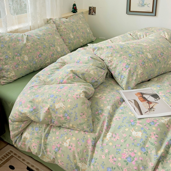 91家纺网 家纺一手货源 找家纺 夜笙2025新款A类水洗棉双层纱印花四件套 飞飞兔