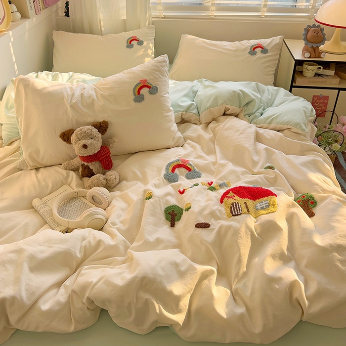 91家纺网 家纺一手货源 找家纺 暖芯优选 2025新款超柔水洗棉INS小红书毛巾绣卡通四件套（提供买家秀） 温馨家园