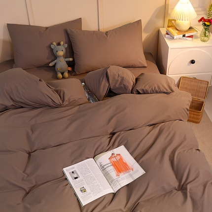 91家纺网 家纺一手货源 找家纺 悦织湾家纺 2025新款亲肤水洗棉纯色双拼四件套轻奢时尚 纯色深咖
