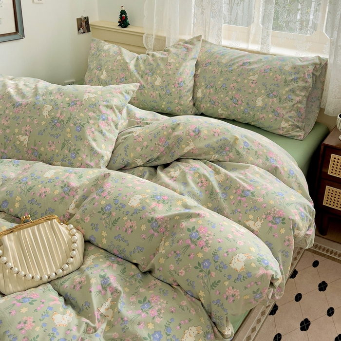 91家纺网 家纺一手货源 找家纺 夜笙2025新款A类水洗棉双层纱印花四件套 飞飞兔