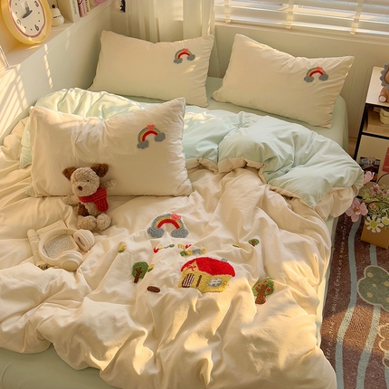 暖芯优选 2025新款超柔水洗棉INS小红书毛巾绣卡通四件套（提供买家秀） 温馨家园