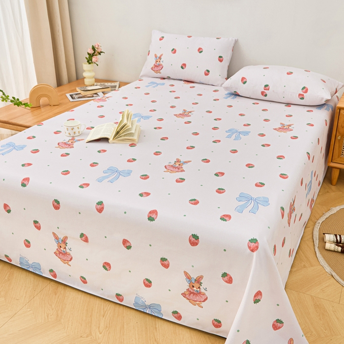 91家纺网 家纺一手货源 找家纺 首爱家纺 2025新款印花原棉标老粗布床单老粗布凉席软凉席 草莓小兔