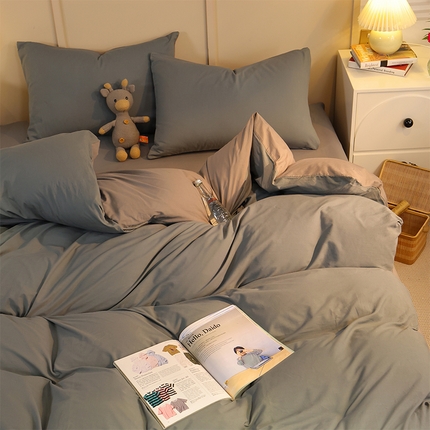 91家纺网 家纺一手货源 找家纺 悦织湾家纺 2025新款亲肤水洗棉纯色双拼四件套轻奢时尚 双拼中灰+浅灰