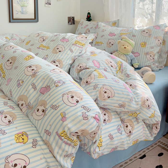 91家纺网 家纺一手货源 找家纺 夜笙2025新款A类水洗棉双层纱印花四件套 糖小佳