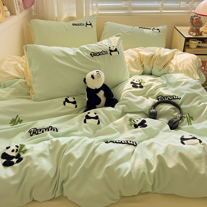 91家纺网 家纺一手货源 找家纺 暖芯优选 2025新款超柔水洗棉INS小红书毛巾绣卡通四件套（提供买家秀） 翠竹熊猫