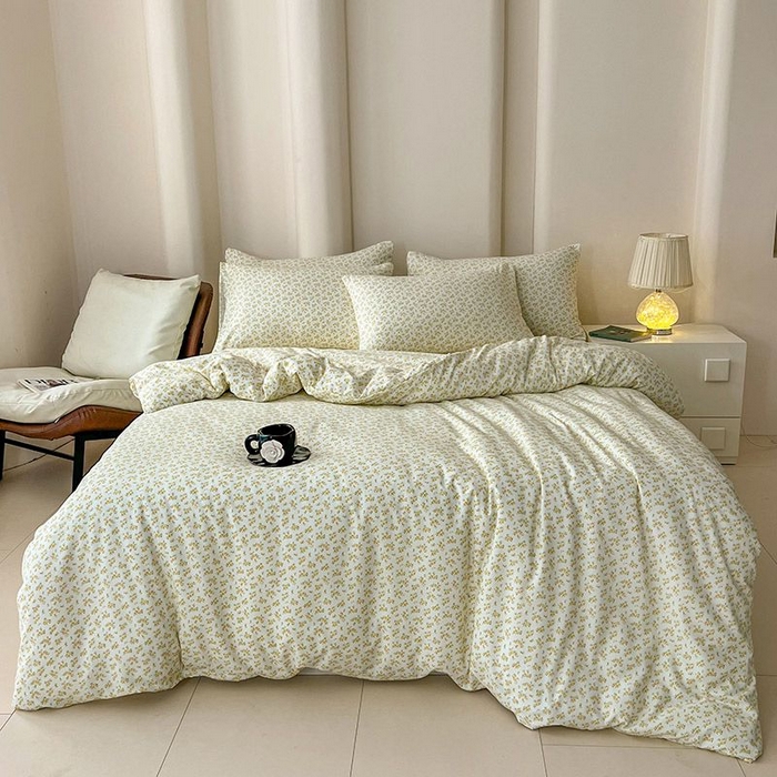 91家纺网 家纺一手货源 找家纺 2025新款针织棉双层纱四件套小碎花被套床单床笠款学生三件套新款直播热款-床图-系列一 知晓