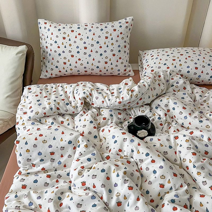 91家纺网 家纺一手货源 找家纺 2025新款针织棉双层纱四件套小碎花被套床单床笠款学生三件套新款直播热款-床图-系列一 水果派