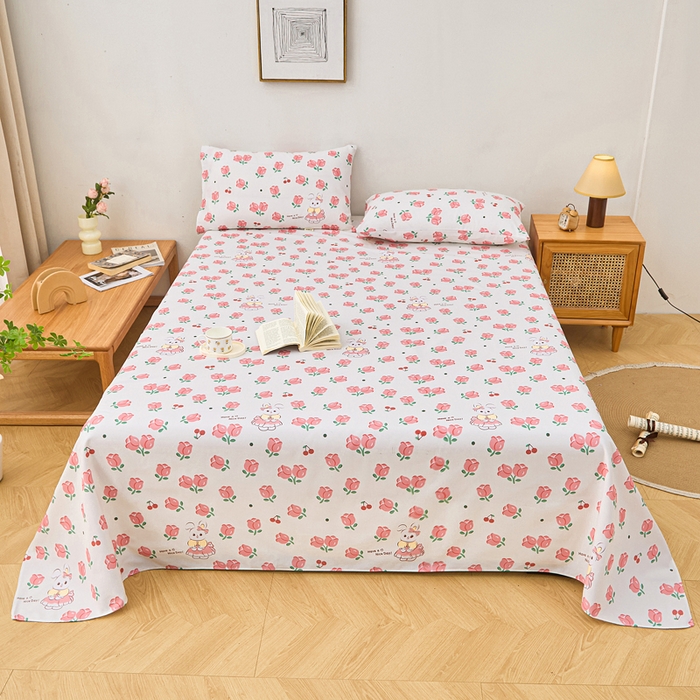 91家纺网 家纺一手货源 找家纺 首爱家纺 2025新款印花原棉标老粗布床单老粗布凉席软凉席 玫瑰小兔