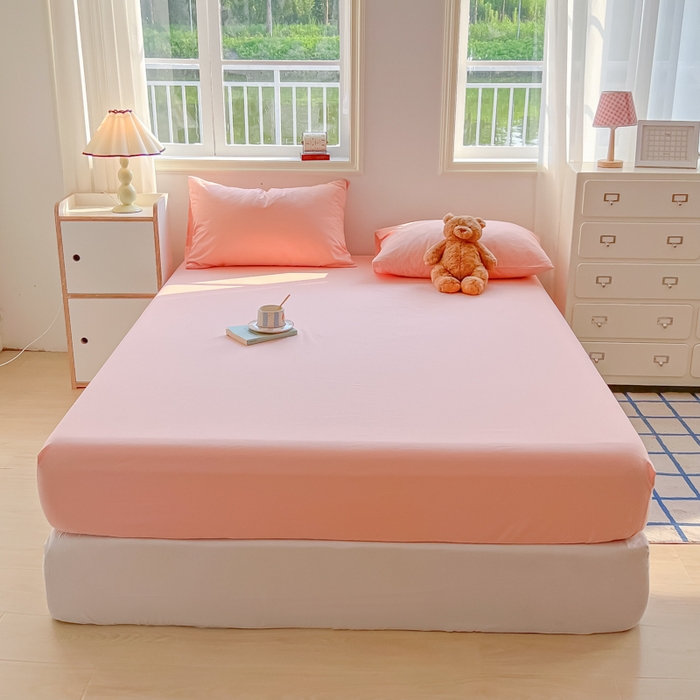 91家纺网 家纺一手货源 找家纺 韩巢家纺 2025新款A类纯色格子水洗棉床笠单件床罩床套 A类玉色-床笠