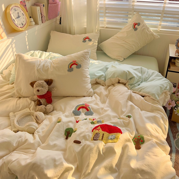 91家纺网 家纺一手货源 找家纺 暖芯优选 2025新款超柔水洗棉INS小红书毛巾绣卡通四件套（提供买家秀） 温馨家园