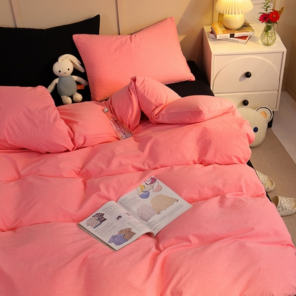 悦织湾家纺 2025新款亲肤水洗棉纯色双拼四件套轻奢时尚 双拼玫粉+酷黑