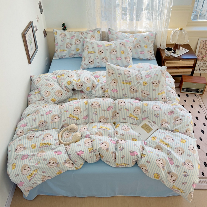 91家纺网 家纺一手货源 找家纺 夜笙2025新款A类水洗棉双层纱印花四件套 糖小佳